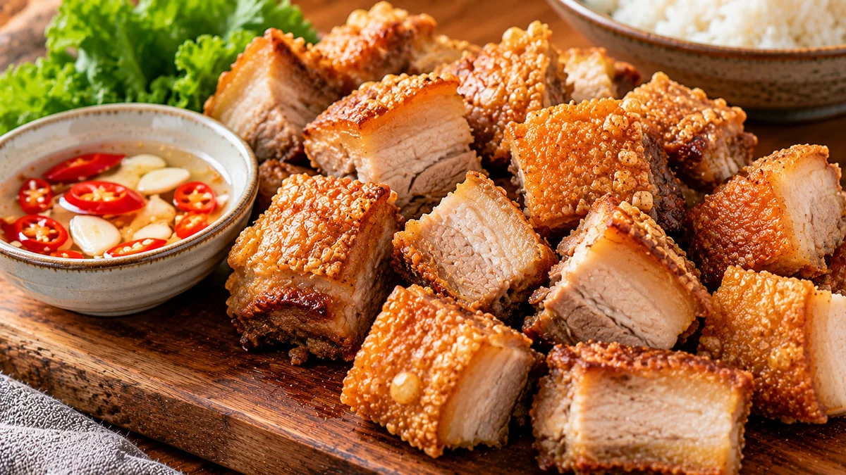 Chopped crispy lechon kawali pork belly with vinegar dipping sauce