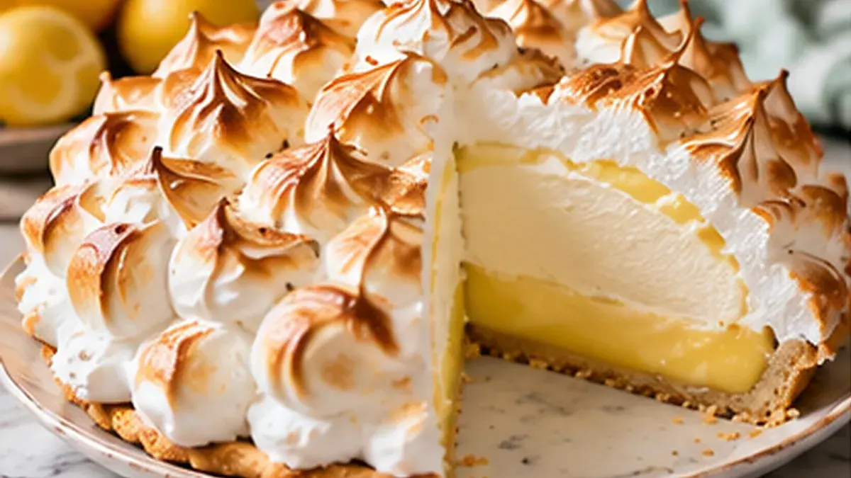 Lemon baked Alaska pie with browned meringue peaks, a slice cut to show ice cream and lemon layers