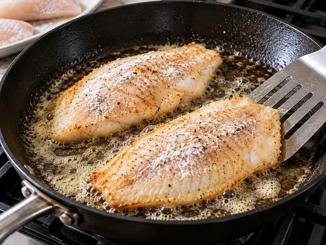 Tilapia fillets dusted in flour searing in a skillet with oil and butter, edges turning golden, a spatula ready to flip