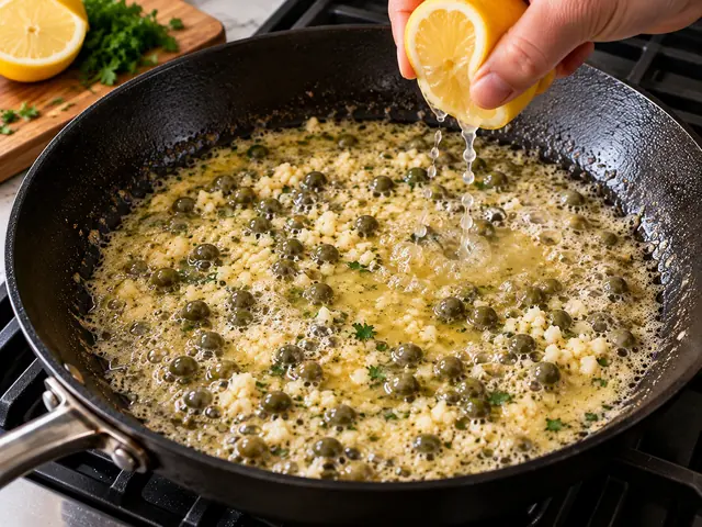Lemon juice being squeezed into a skillet of foaming garlic butter sauce with capers