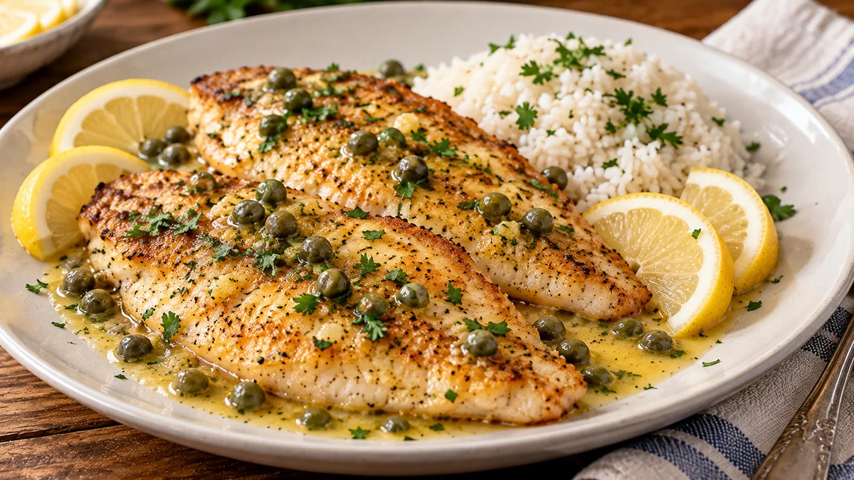 Golden pan-seared tilapia fillets with lemon butter sauce, capers and parsley