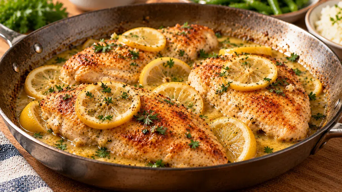 Chicken breasts in a buttery lemon sauce with lemon slices and parsley in a skillet