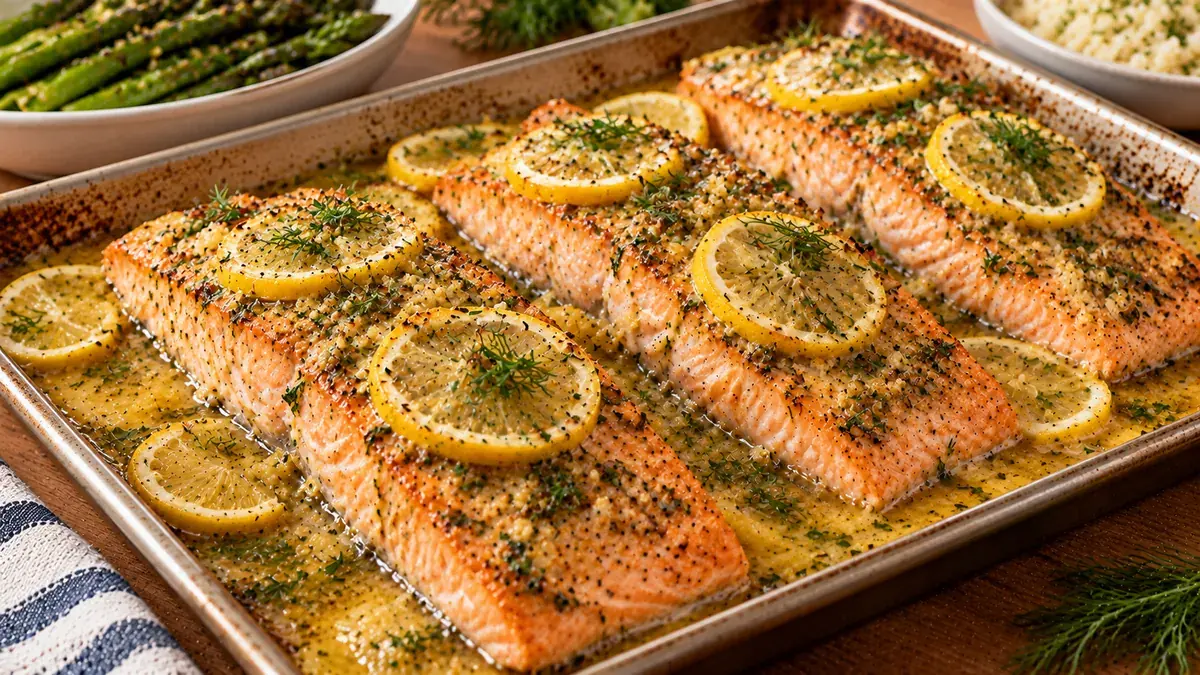 Baked salmon fillets on a sheet pan with lemon slices, dill and a lemon Dijon butter