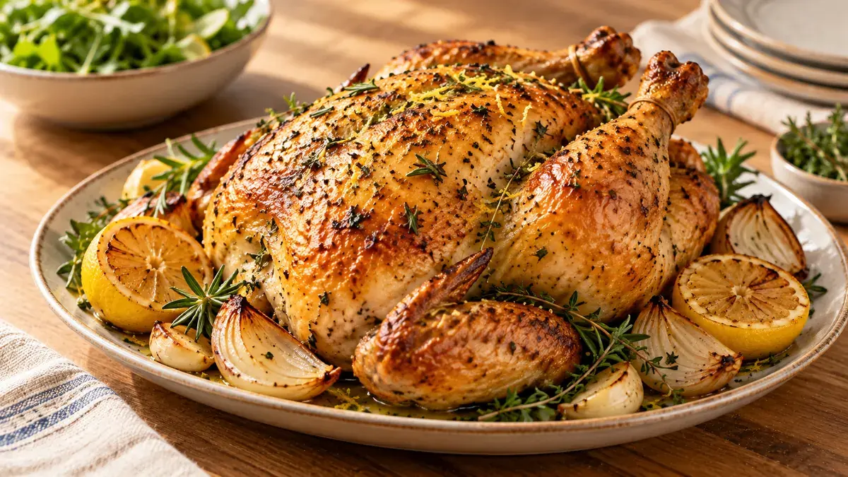 Whole roast chicken with crisp golden skin on a platter with roasted lemon halves, onion and herbs