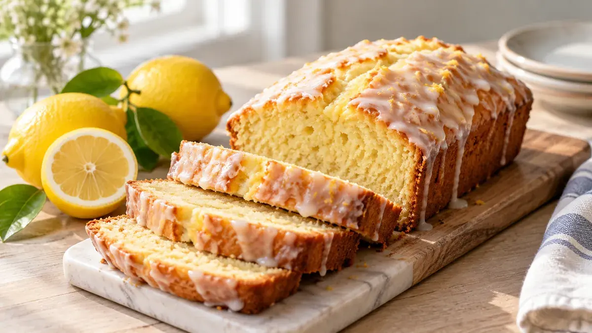 Glazed lemon tea bread partly sliced, with fresh lemons