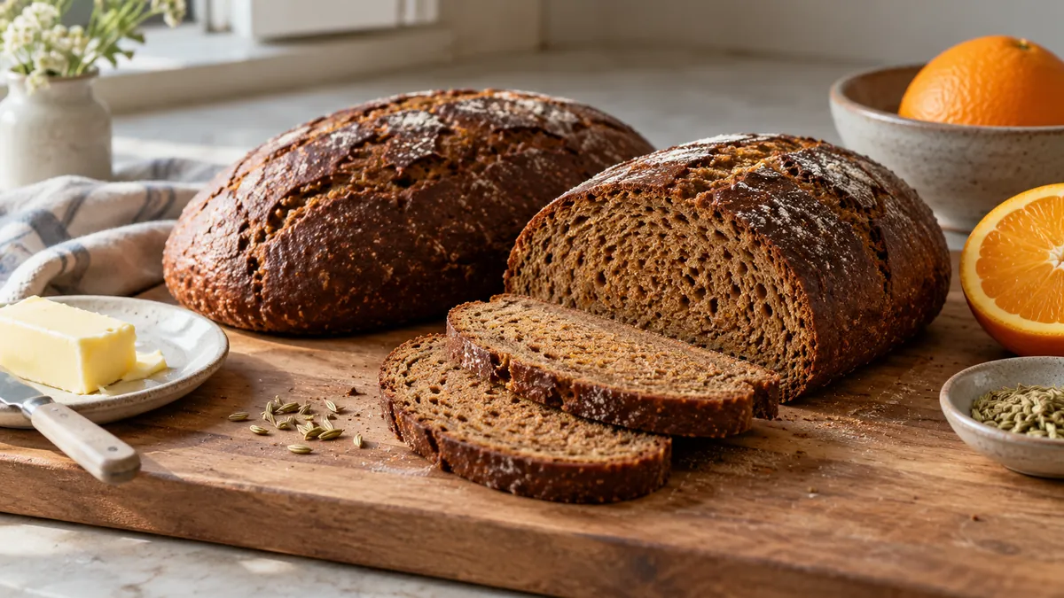 Two loaves of Swedish orange rye bread, one sliced, with butter and an orange