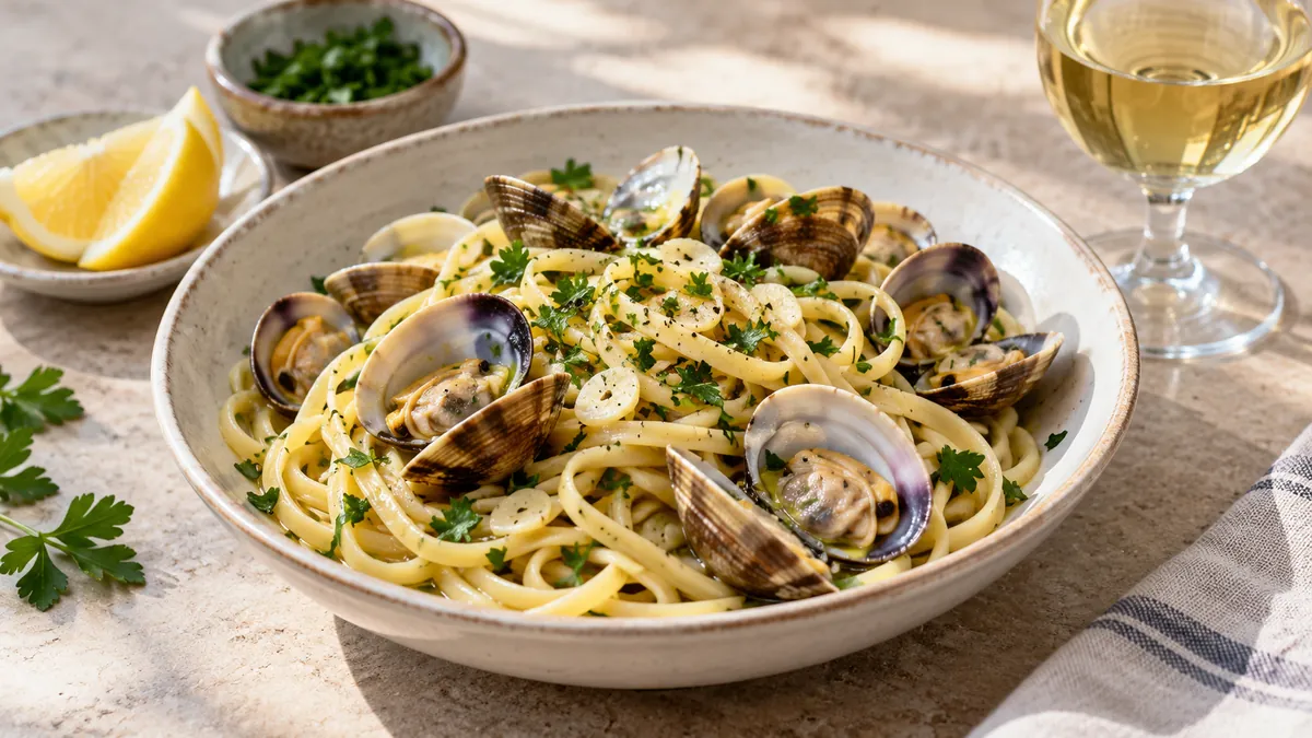 Linguine with open littleneck clams, garlic, olive oil and parsley in a bowl with lemon