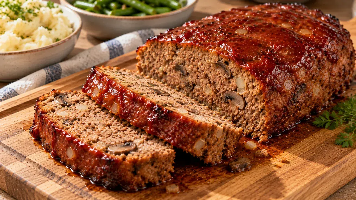 Onion-mushroom meat loaf sliced on a cutting board, showing pieces of mushroom