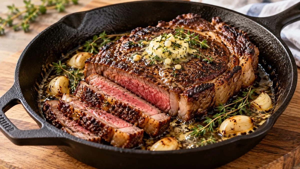 Seared ribeye in a cast-iron skillet with garlic, thyme and butter