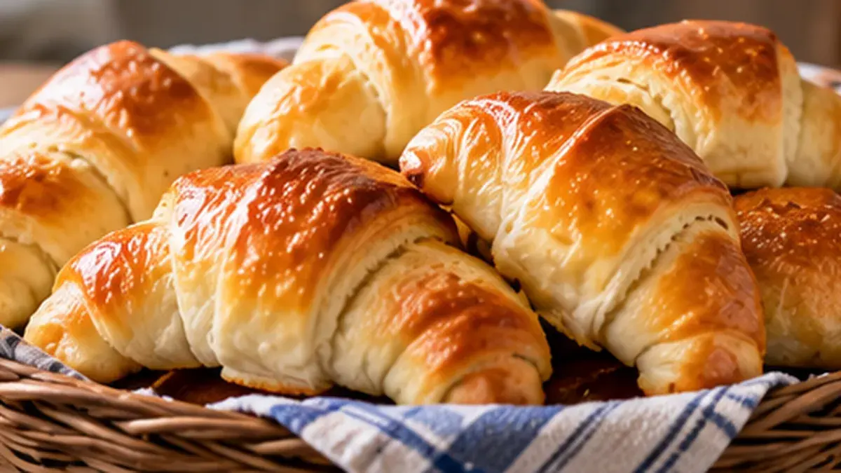Golden buttery crescent rolls in a bread basket
