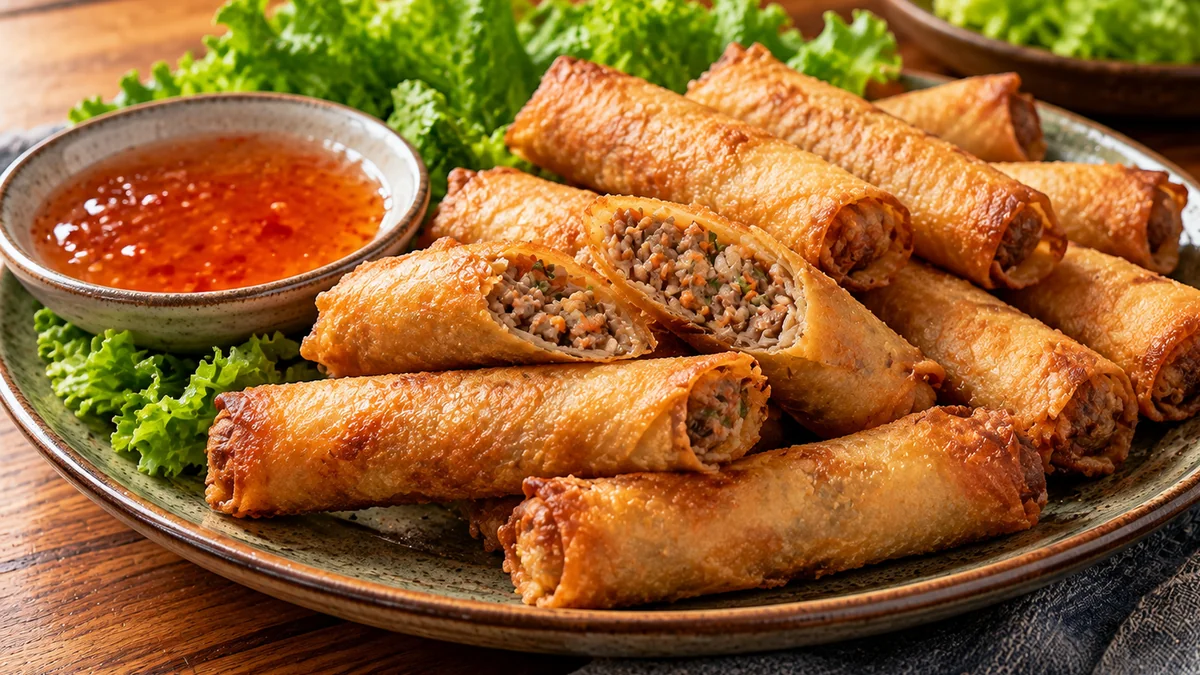 Golden lumpia Shanghai spring rolls with sweet chili dipping sauce