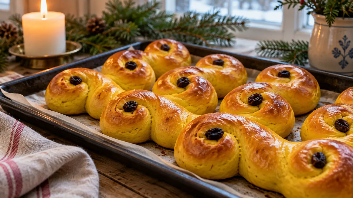 Golden S-shaped saffron buns with raisins on a baking tray beside a lit candle