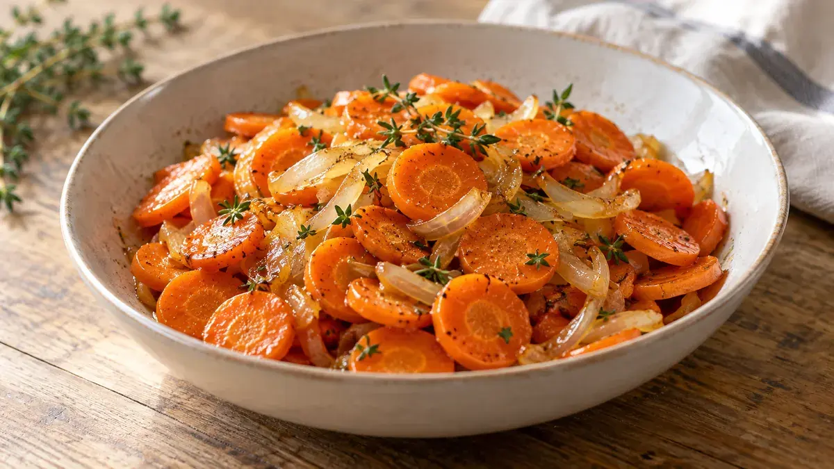 Bowl of thinly sliced glazed carrots with softened onion and thyme