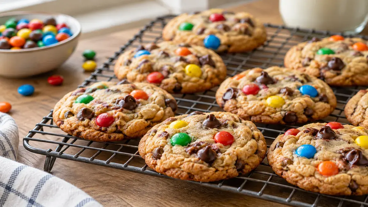 Chewy chocolate chip cookies dotted with colorful candy-coated chocolates on a cooling rack
