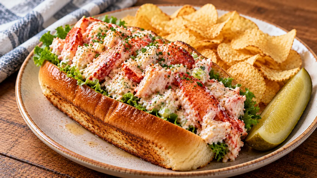 Toasted split-top bun filled with chilled lobster salad, with a pickle and potato chips