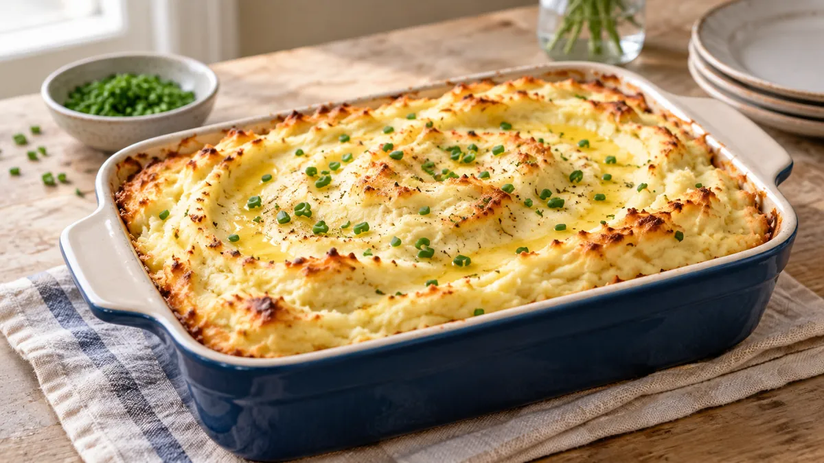 Baking dish of creamy make-ahead mashed potatoes with a golden top and chives