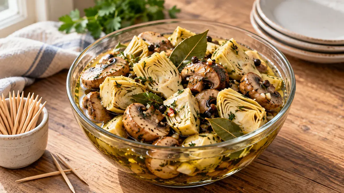 Glass bowl of marinated mushrooms and artichoke hearts with herbs and bay leaves, toothpicks beside it