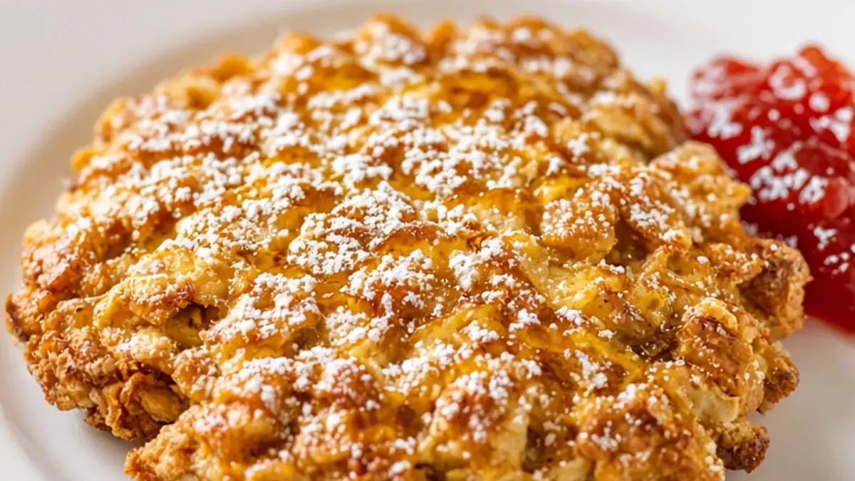 Golden fried matzah brei on a plate with jam