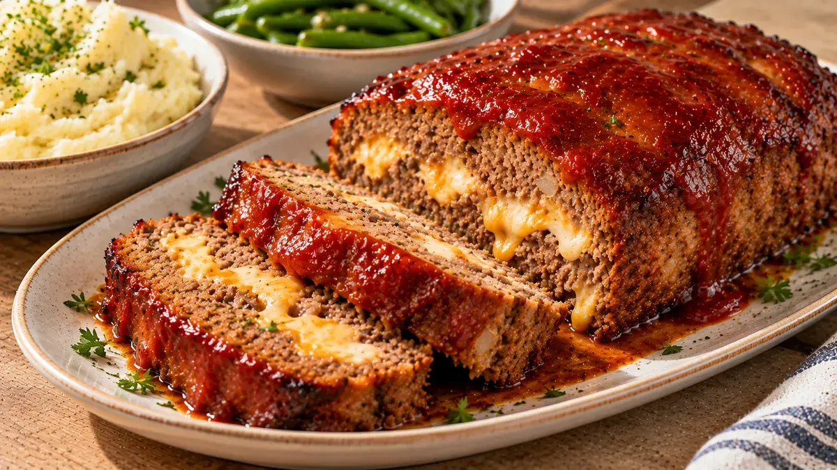 Sliced meat loaf with pockets of melted cheese and tomato sauce on a platter