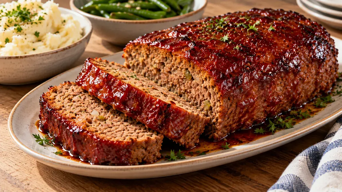 Barbecue meat loaf with a glossy barbecue sauce glaze, sliced on a platter