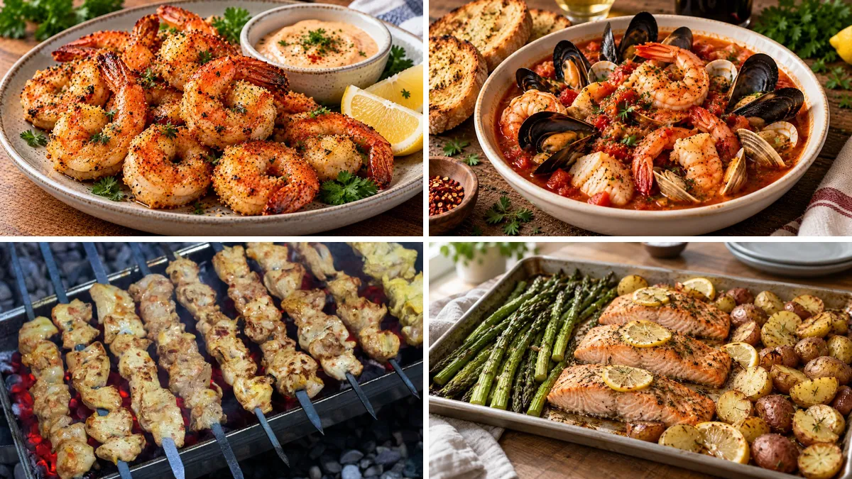 Collage of four Mediterranean Diet Recipes: Air Fryer Shrimp, Cioppino (San Francisco Seafood Stew), Yogurt-Marinated Chicken Kebabs and Sheet Pan Salmon and Vegetables