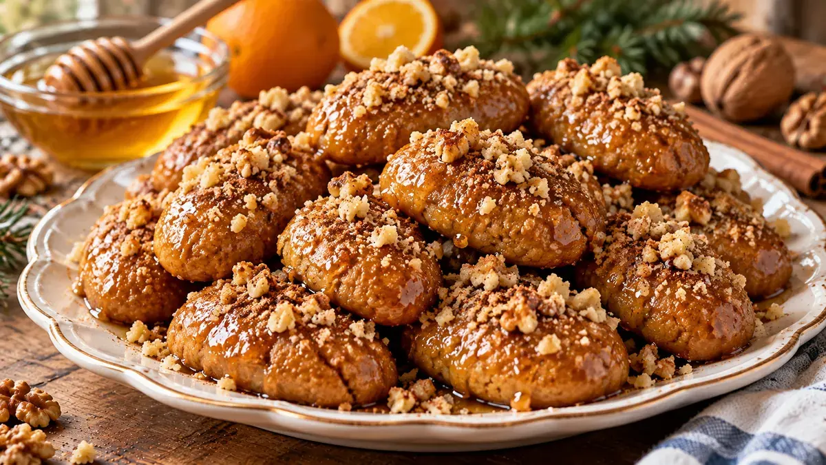 Plate of honey-glazed Greek melomakarona cookies topped with chopped walnuts and cinnamon