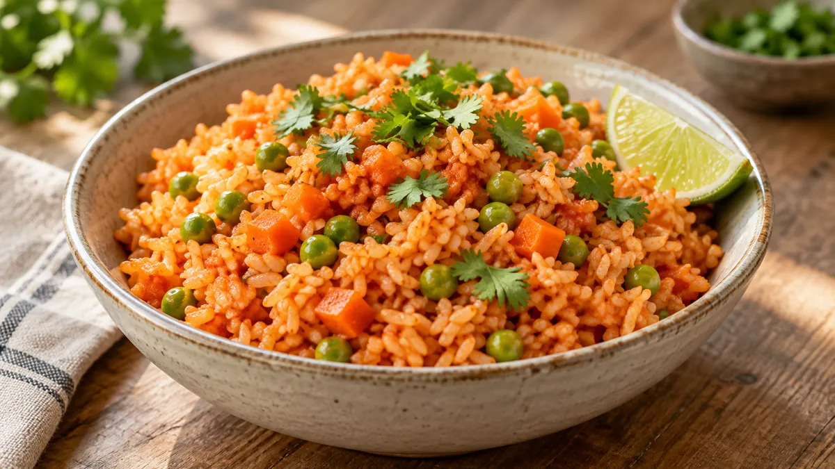 Bowl of fluffy red Mexican rice with peas, carrots and cilantro