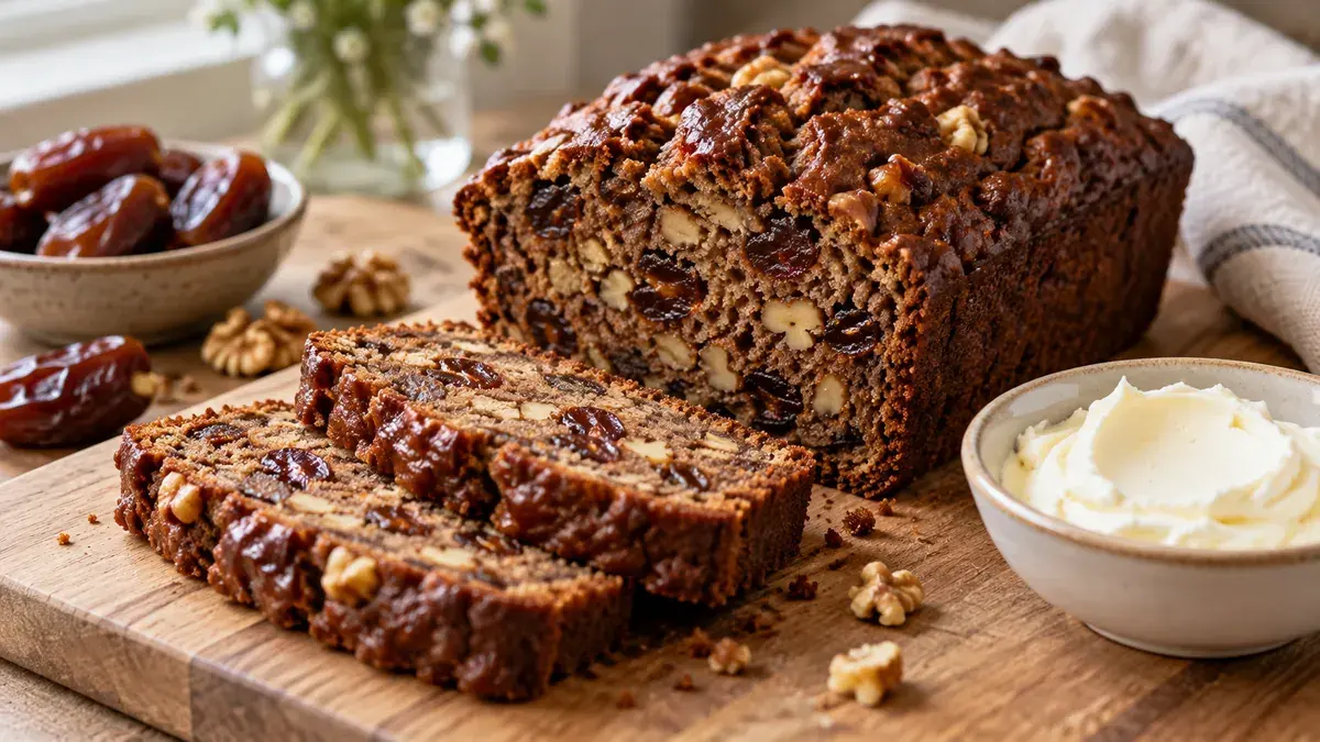 Dark date nut bread partly sliced showing dates and walnuts, with cream cheese
