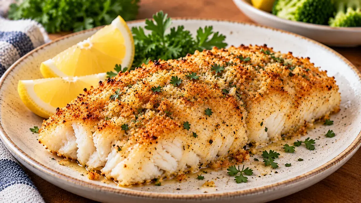 White fish fillet with a golden seasoned crumb topping, lemon wedges and parsley