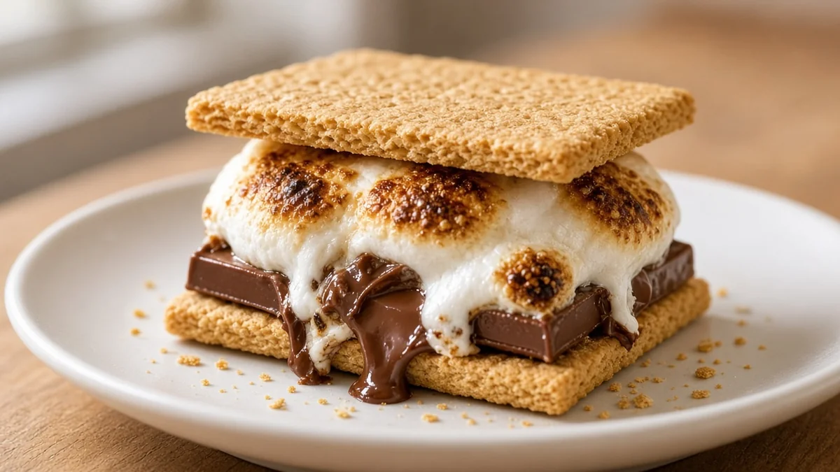 A gooey s'more with toasted marshmallow and melted chocolate between graham crackers
