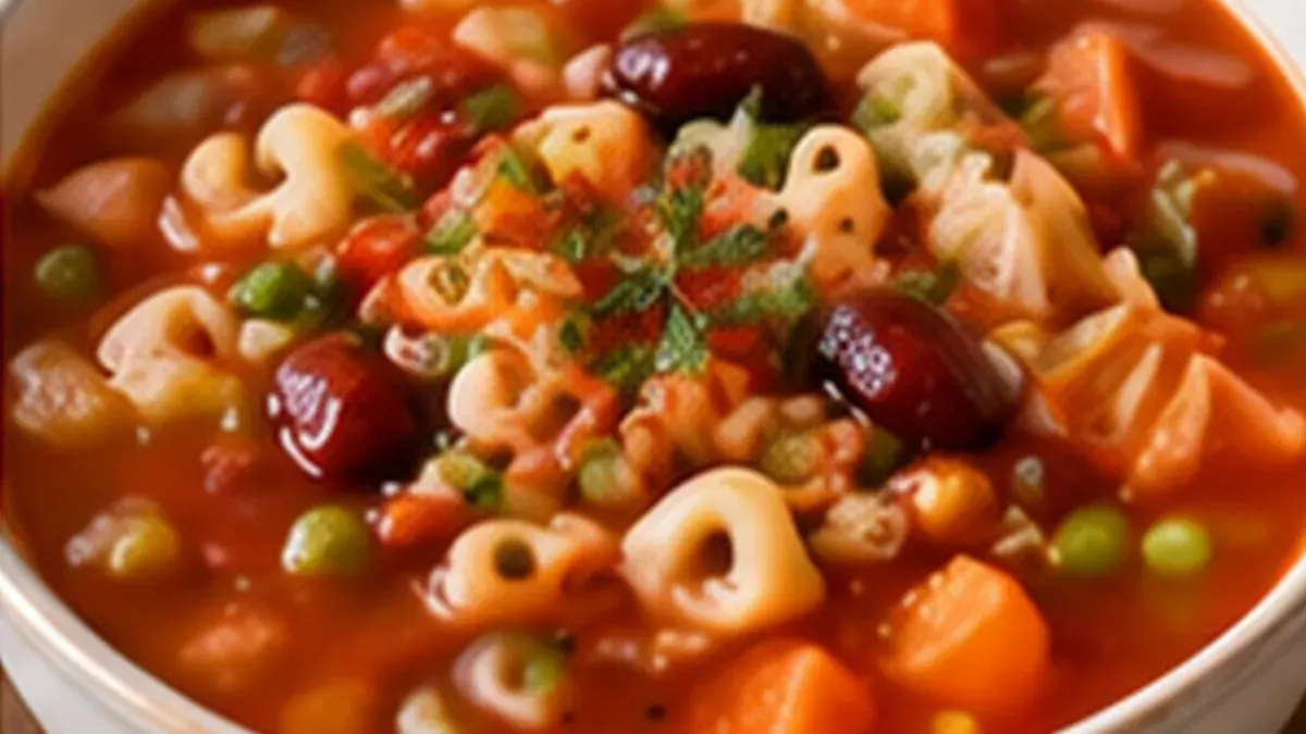 Bowl of minestrone with beans, peas, carrots and small pasta in tomato broth