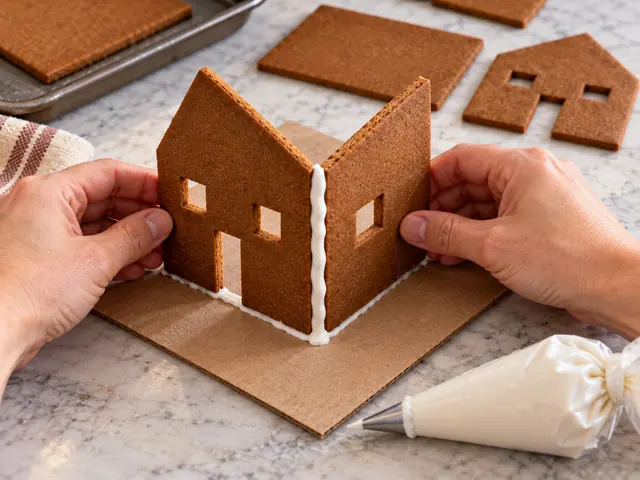 Hands holding two baked gingerbread walls upright while white royal icing glue sets along the corner seam, a piping bag beside them on a cardboard base