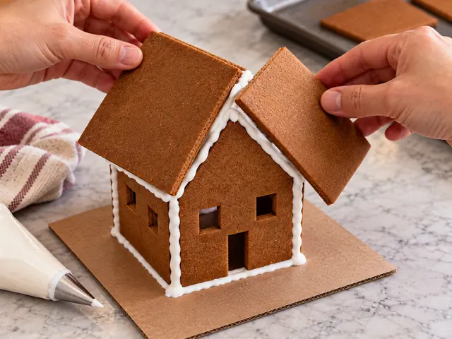 Two gingerbread roof pieces being pressed gently onto a small assembled gingerbread house, white icing visible along the peak