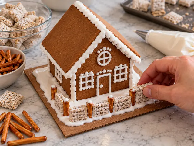 A hand pressing frosted shredded wheat cereal squares into white frosting around the base of a small gingerbread house to make a fence, piped icing windows on the house