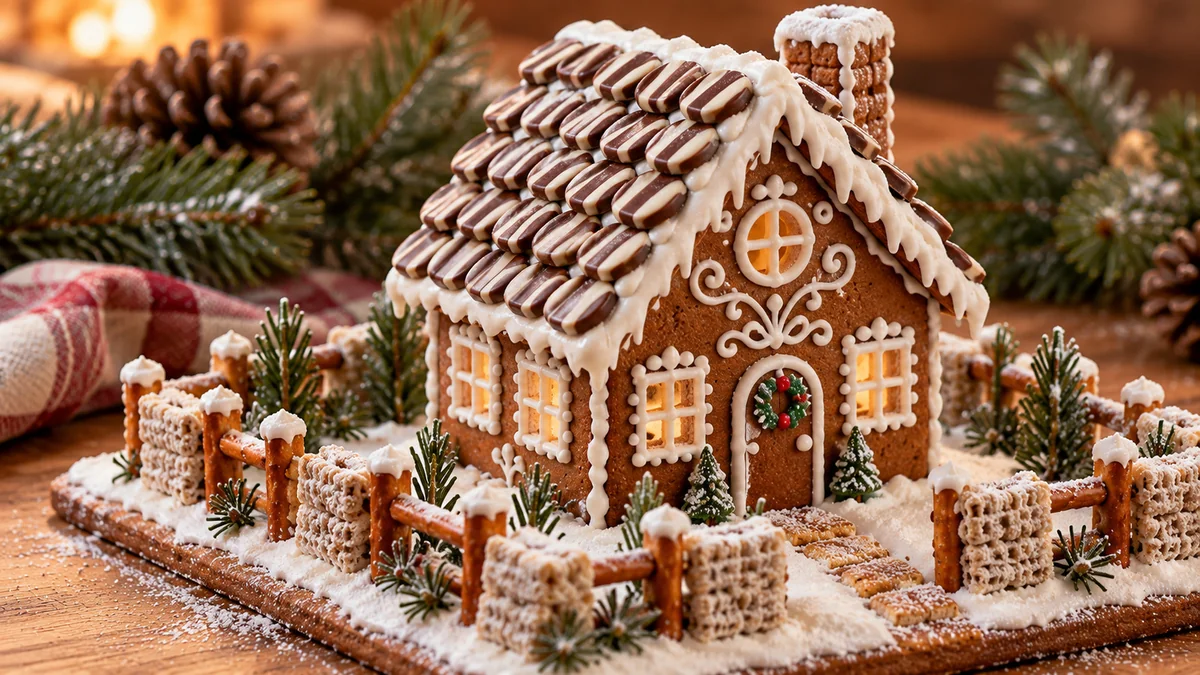 Small decorated gingerbread house with white icing trim, a candy roof and a pretzel fence