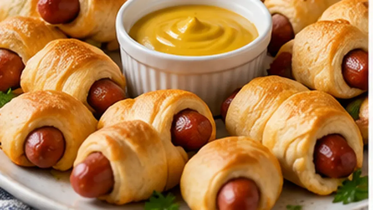 Cocktail franks wrapped in golden crescent dough with a bowl of mustard