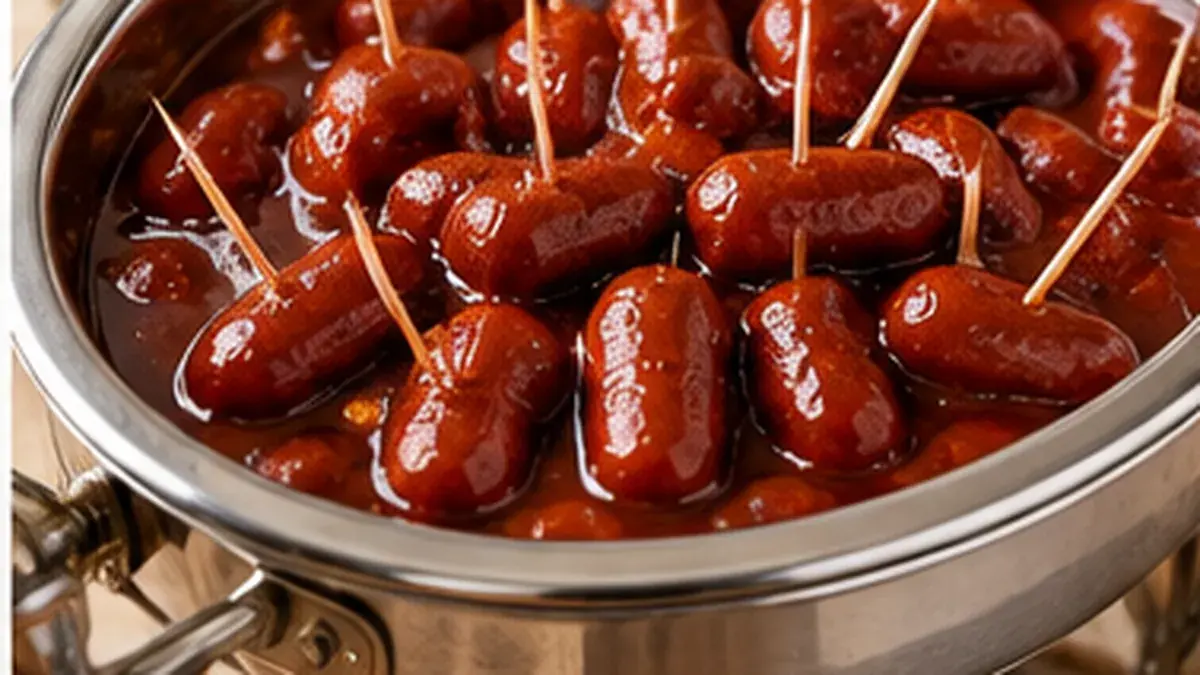 Cocktail franks in a glossy currant and mustard sauce with toothpicks