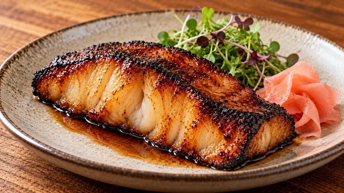 Caramelized miso black cod fillet on a plate with pickled ginger and microgreens