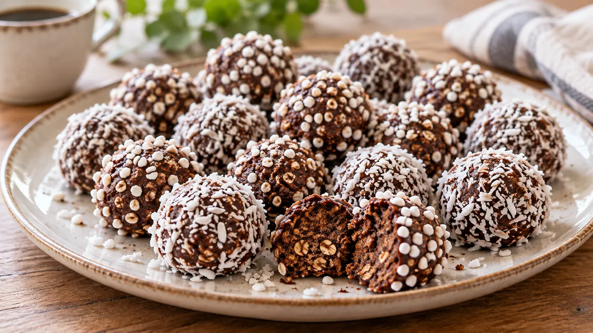 Swedish chocolate balls rolled in pearl sugar and coconut on a plate, one broken open to show the oats, with a cup of coffee