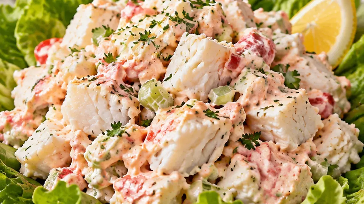 Mock lobster salad of white fish chunks in a creamy pink dressing on lettuce with a lemon wedge