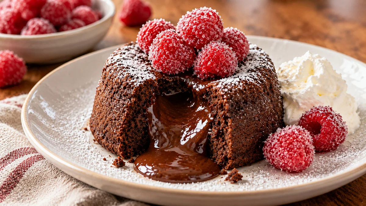 Molten chocolate cake with a soft center, topped with sugar-coated raspberries