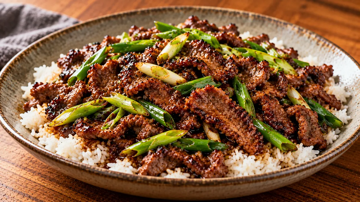 Plate of glazed Mongolian beef with green onions over white rice