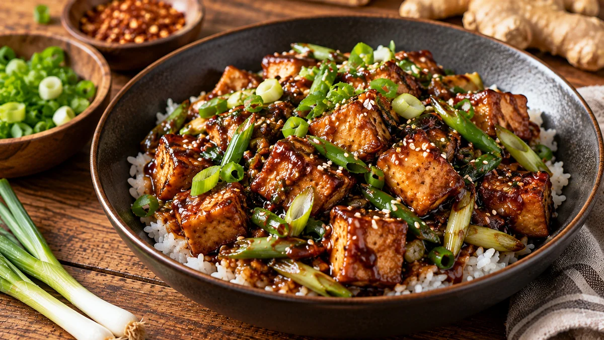 Crispy Mongolian tofu in a glossy brown soy glaze with green onions over steamed rice