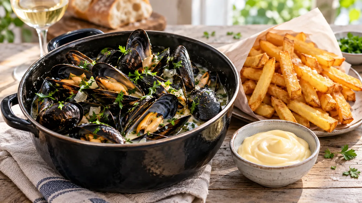 Pot of mussels steamed in white wine with a side of golden fries and mayonnaise