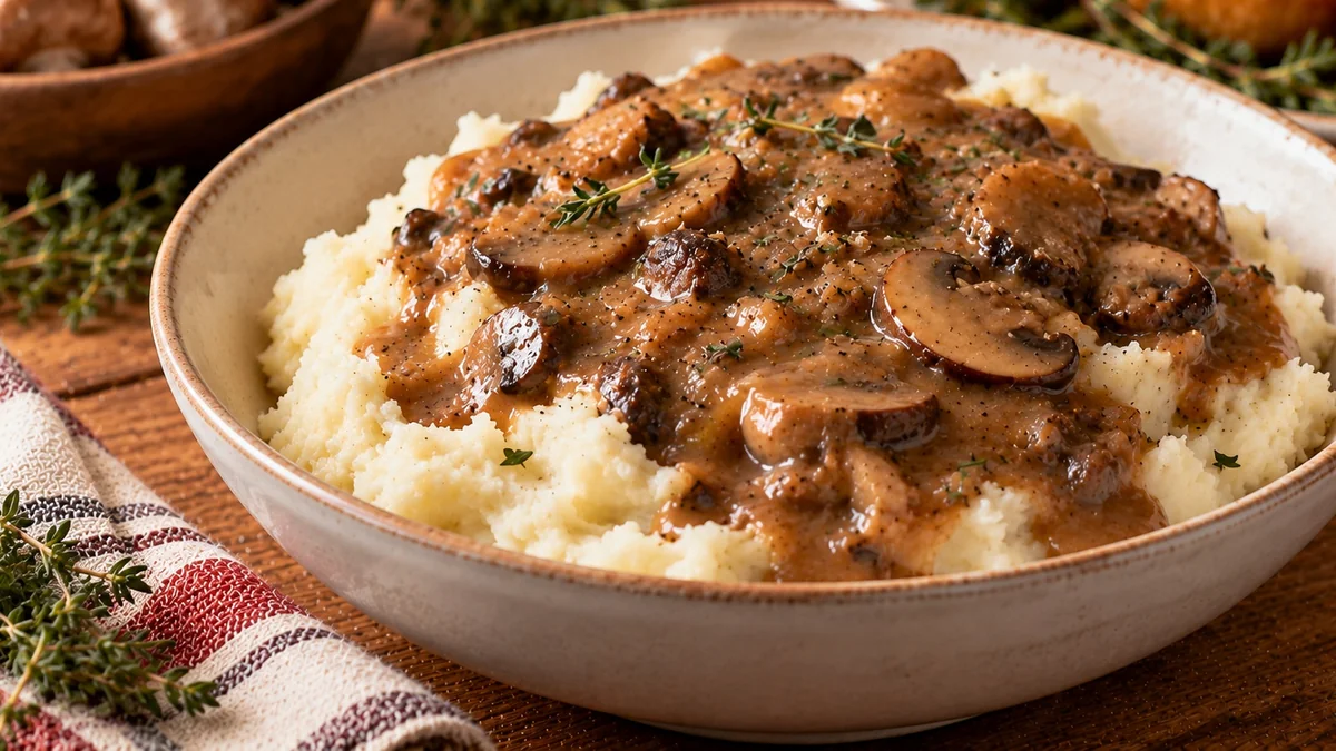 Bowl of mushroom gravy over mashed potatoes