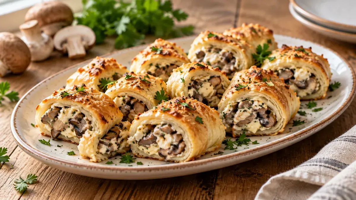 Golden baked roll-ups filled with mushroom and cream cheese on a platter