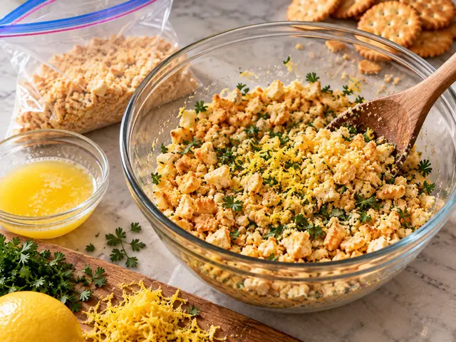 A glass bowl of crushed round butter crackers being tossed with melted butter, chopped parsley and lemon zest, a zipper bag of crushed crackers beside it