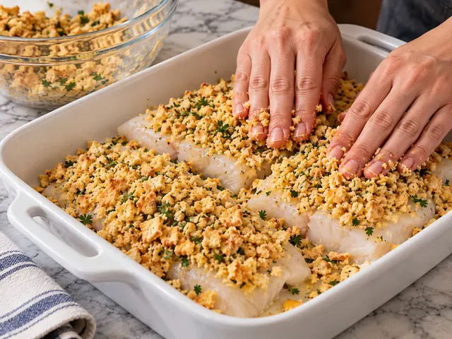 Hands pressing buttery cracker crumbs over raw haddock fillets in a white baking dish before baking