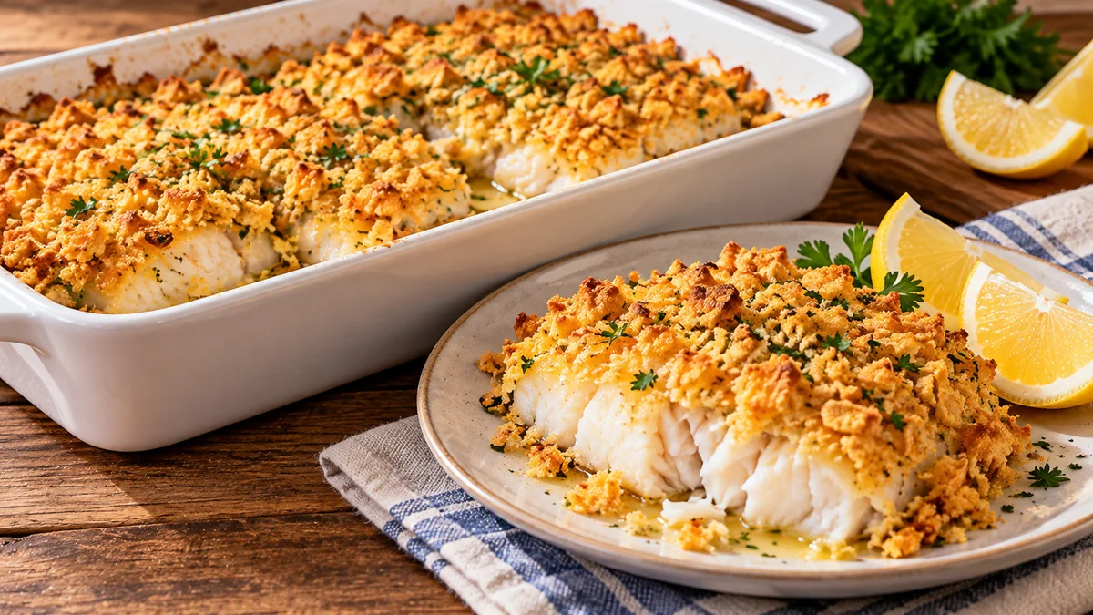 Baked haddock fillets with a golden buttery cracker crumb topping and lemon