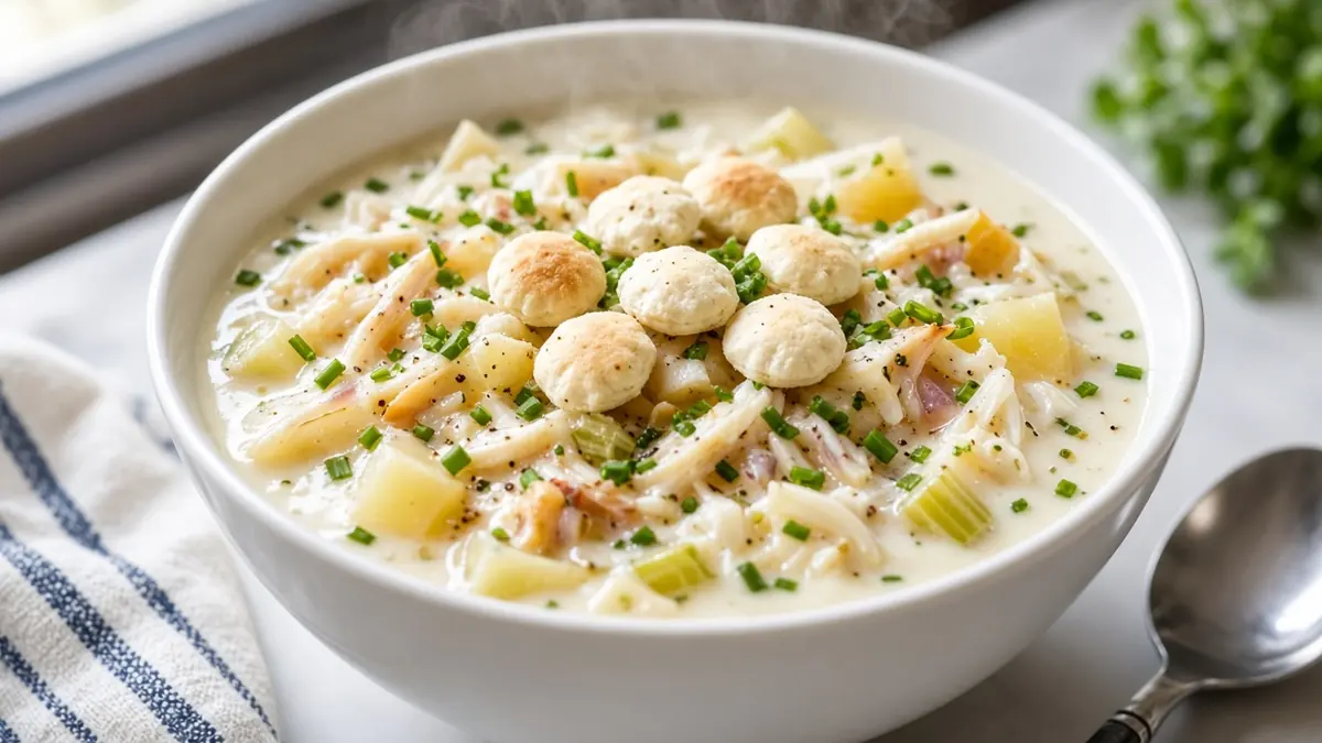 A white bowl of creamy New England clam chowder with clams, potatoes and oyster crackers